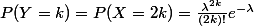 P(Y=k)=P(X=2k)=\frac{\lambda^{2k}}{(2k)!}e^{-\lambda}